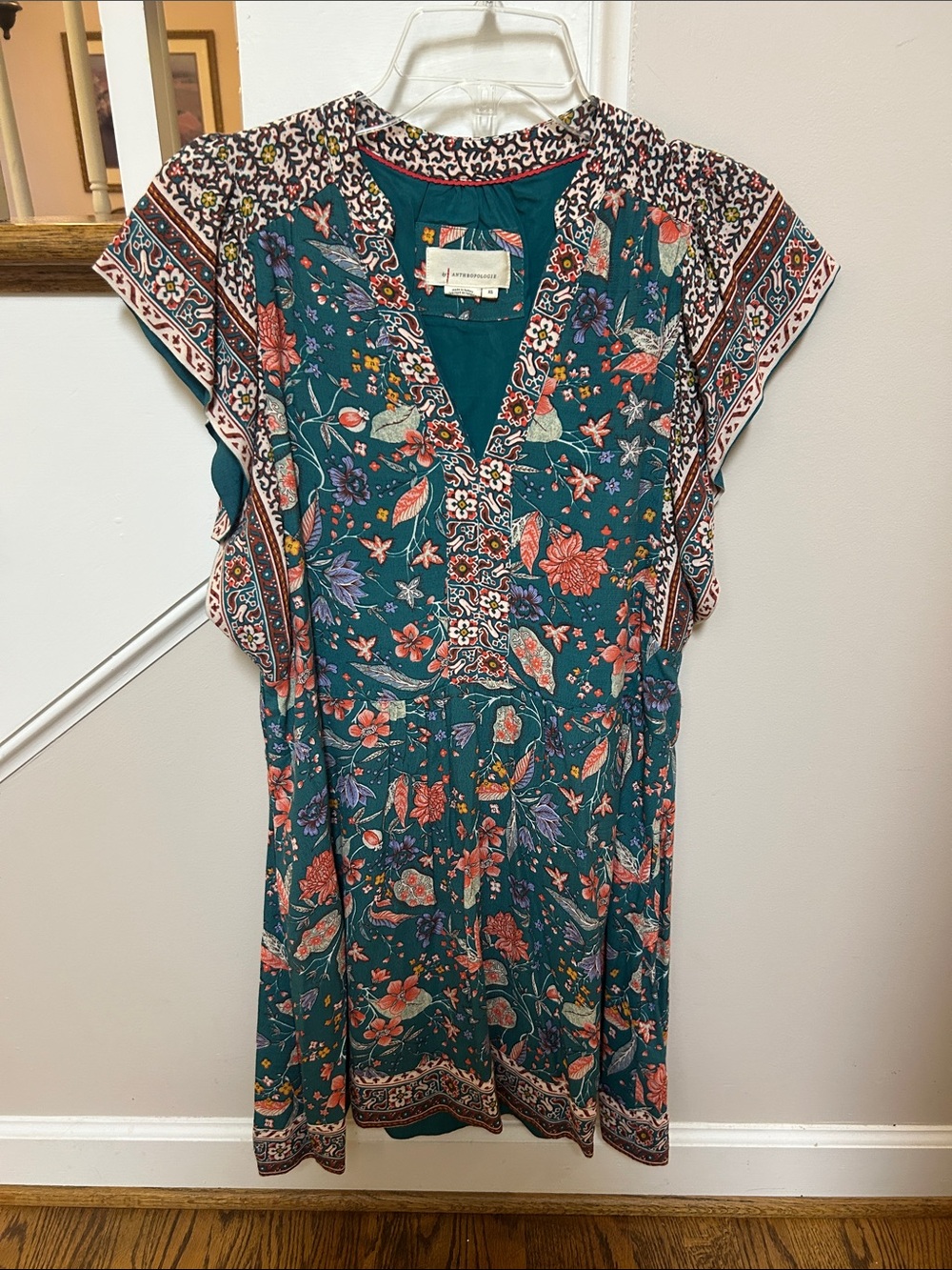 Anthropologie XS Zenia Green Floral V-Neck Dress - Picture 3 of 15